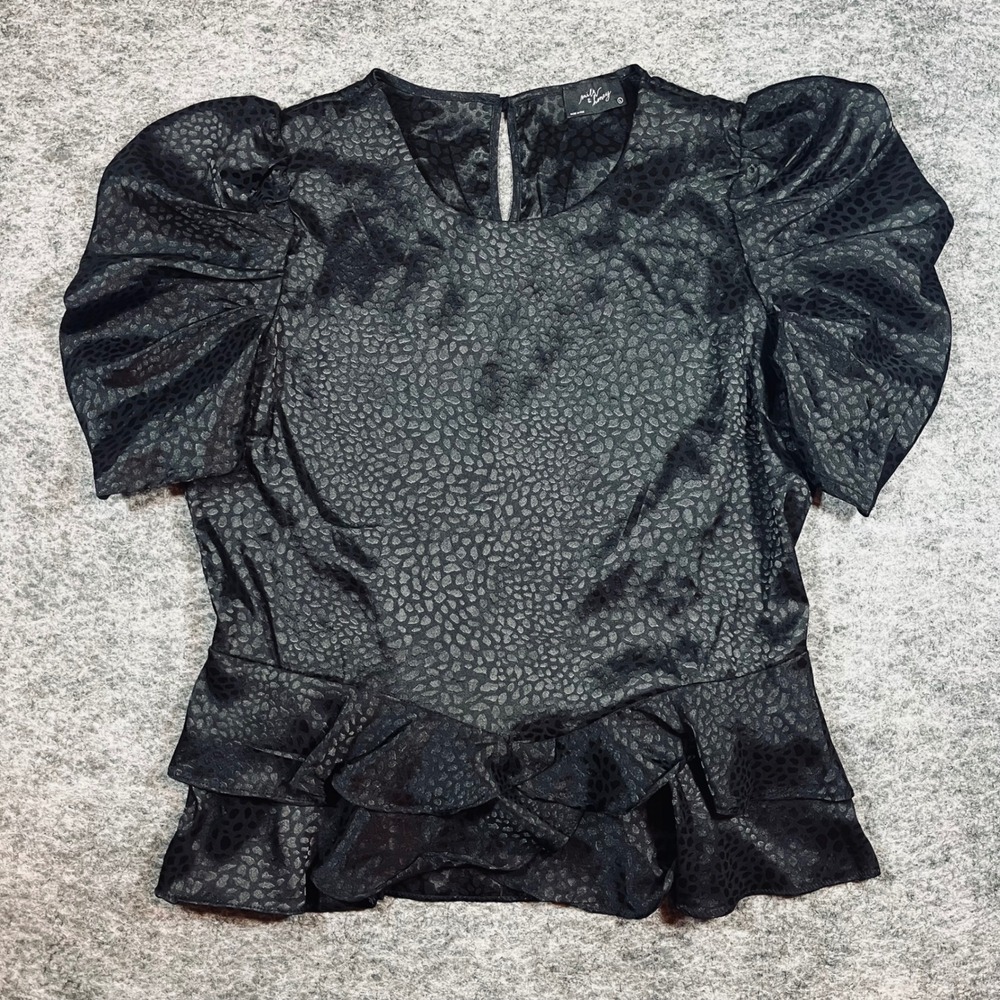 Milk & Honey‎ Blouse Womens L Black Leopard Jacquard Puff Sleeve Peplum Romantic